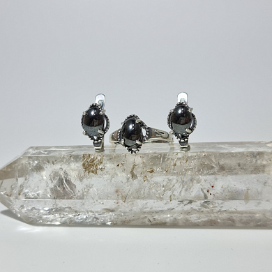 Гарнитур гематит (серьги,кольцо 17 р-р), юв.сплав с покрытием серебра фото

